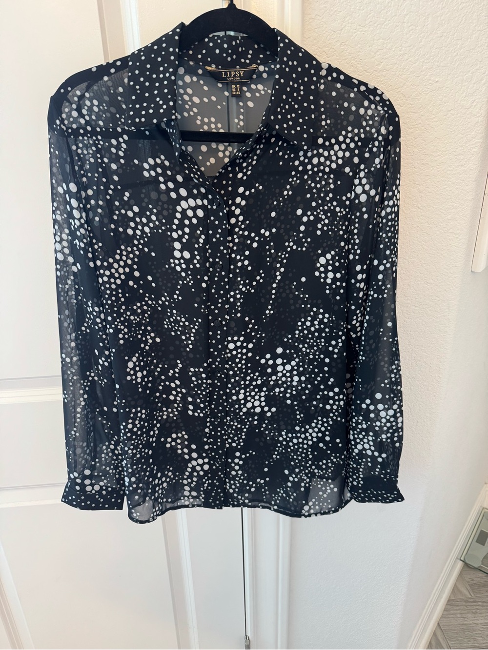 Lipsy London Black Sheer Blouse with White Dot Print